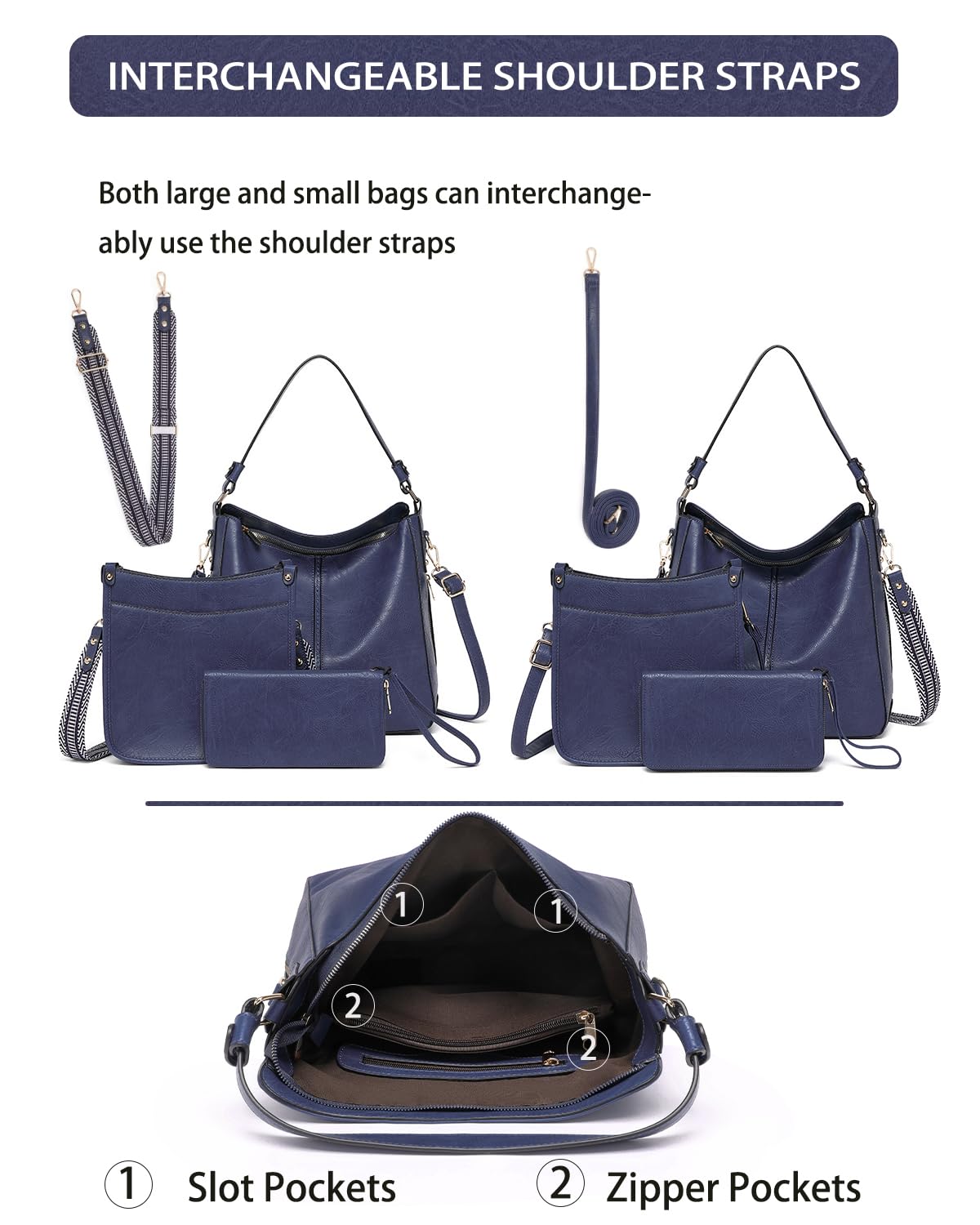 Purses for Women 3PCS, Crossbody Bags Set Large Leather Purse Shoulder Handbags with Wallet Adjustable Straps for Ladies Tote