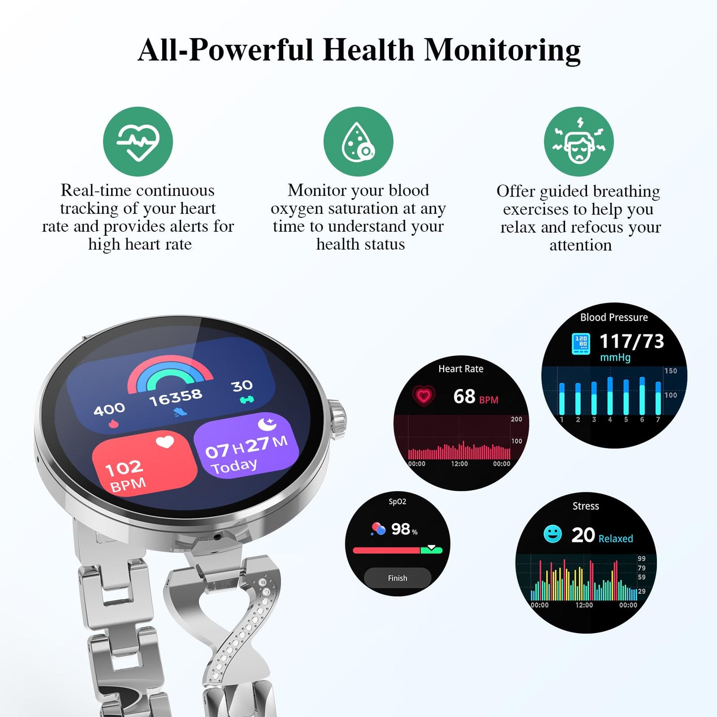 Smart Watches for Women, Answer/Make Call, 1.04'' AMOLED, 24H Sleep Tracker, Fitness Tracker with Heart Rate/Blood Pressure/SpO2/Stress Monitor, 100+ Sport Modes Waterproof Smartwatch for IOS Android
