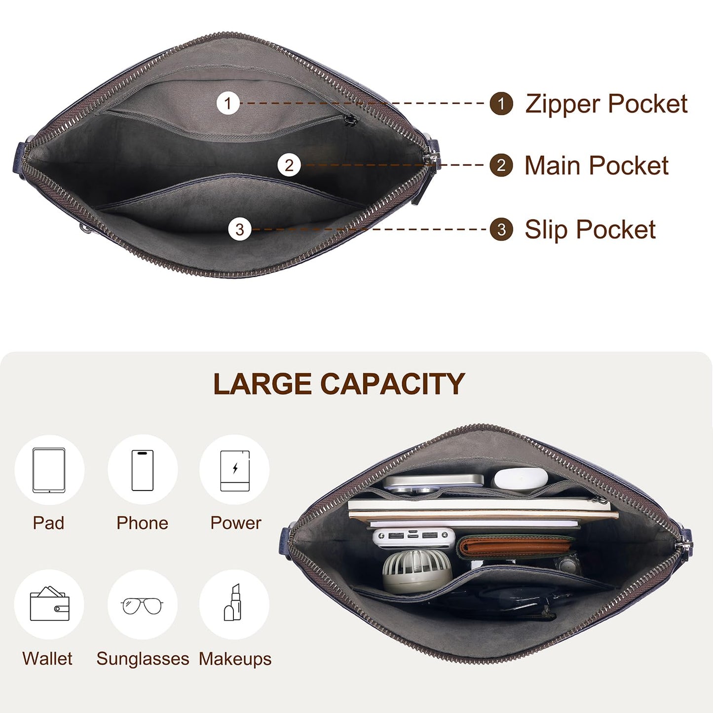 COOLCY Genuine Leather Crossbody Bags for Women Purses and Handbags for Ladies with Multiple Pockets Shoulder Satchel Bag