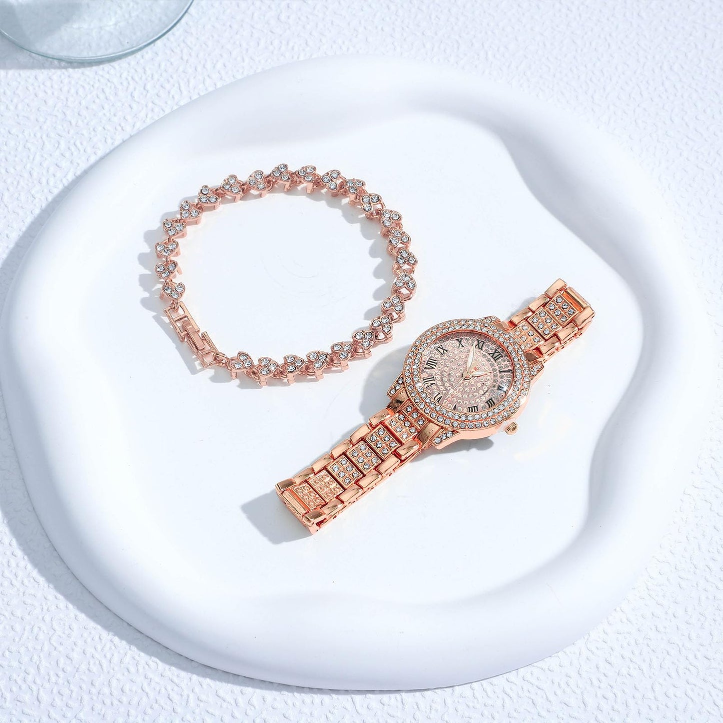 NEWITIN 2 Pieces Women Diamond Watch Bracelet Set Luxury Fashion Jewelry Cubic Zirconia Wristwatch Bracelet Gold Watch Jewelry Set for Women