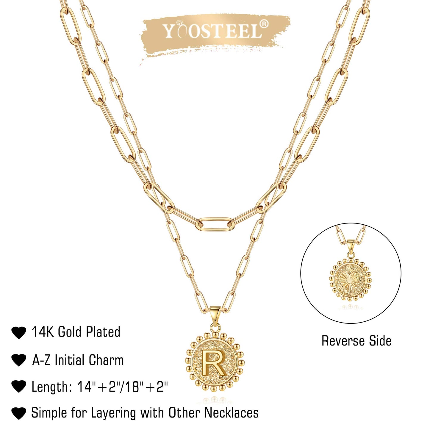 Yoosteel Layered Initial Necklaces for Women Trendy - 14K Gold-Plated Dainty Layering Paperclip Chain Coin Initial Necklace Jewelry Gifts for Women Mom Wife Teen Girls