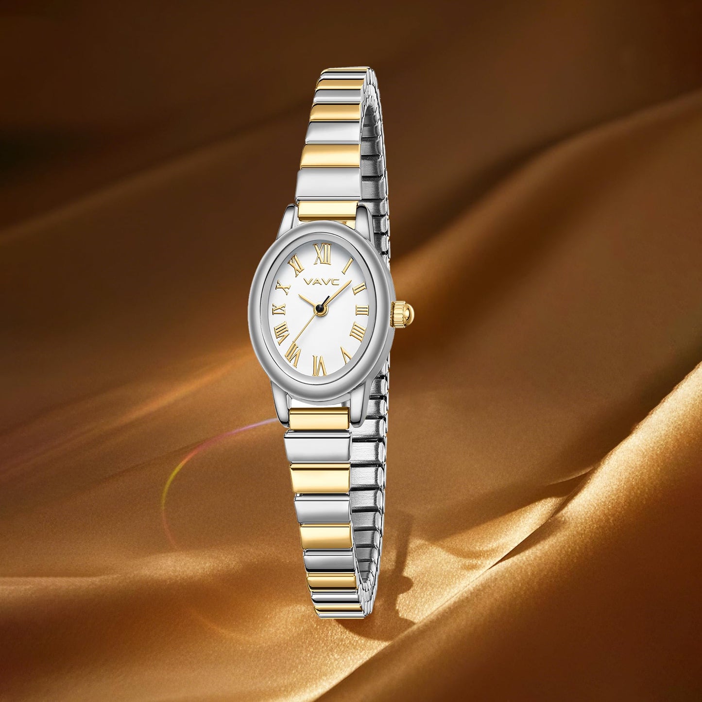 Small Gold Watches for Women,Analog Womens Watch with Stainless Steel Expansion Band,Oval Case Roman Dial,Water Resistant