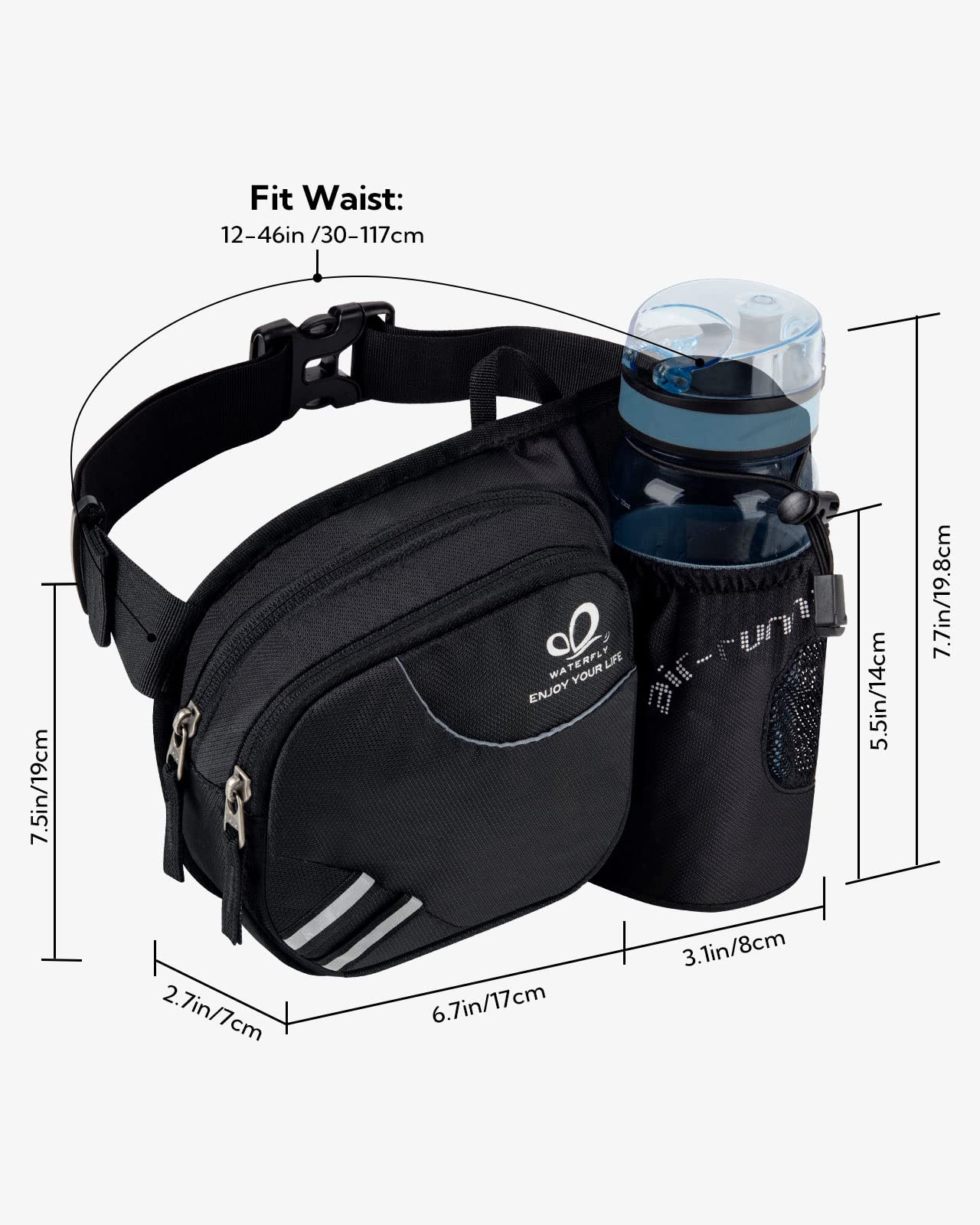 WATERFLY Fanny Pack Waist Bag: Waist Pack for Women Men with Water Bottle Holder Hiking Fanny Pack for Running Walking DogWalking Travel Cycling