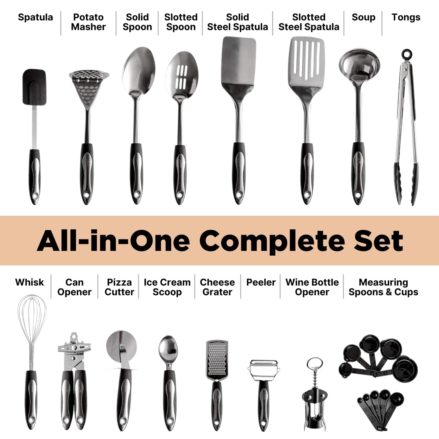Asani 25-Piece Stainless Steel Kitchen Utensil Set | Non-Stick Cooking Gadgets and Tools Kit | Durable Dishwasher-Safe Cookware Set | Kitchenware Gift Idea, Best New Apartment Essentials