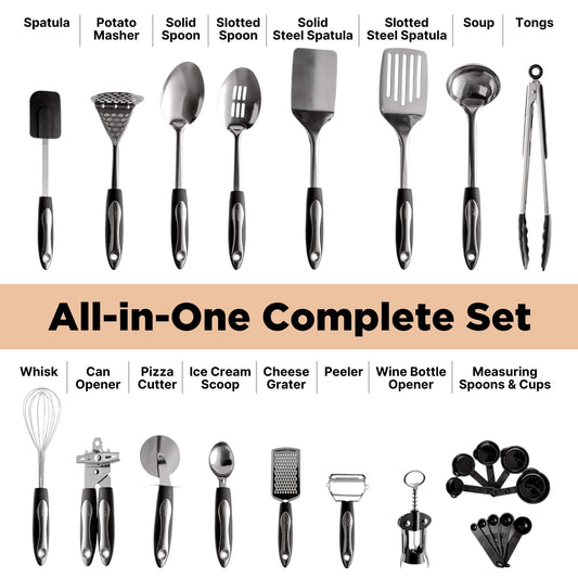 Asani 25-Piece Stainless Steel Kitchen Utensil Set | Non-Stick Cooking Gadgets and Tools Kit | Durable Dishwasher-Safe Cookware Set | Kitchenware Gift Idea, Best New Apartment Essentials