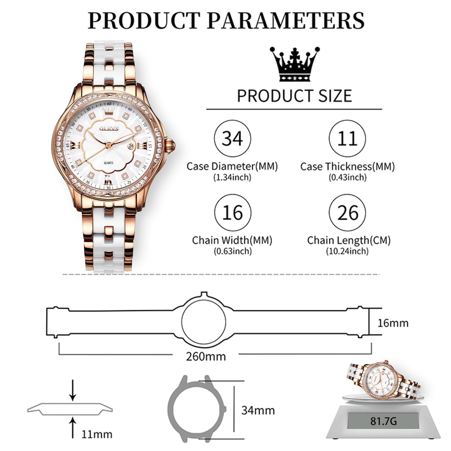 OLEVS Women's Watch Ceramic Band Waterproof Dress Watch Analog Quartz Watches Elegant Luxury Comfortable Wrist Watches with Date Day & Diamond White/Pink/Black Dial Gift for Her Reloj para Mujer