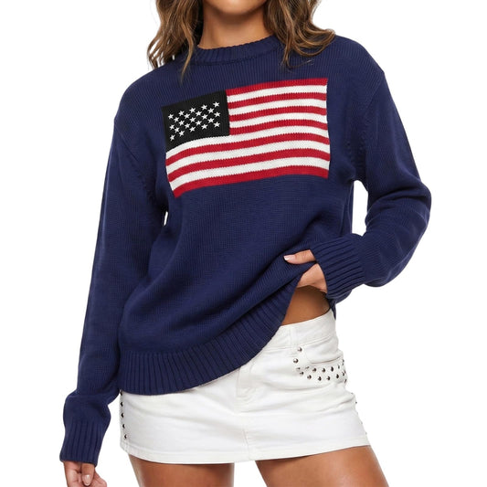 Women American Flag Sweater Long Sleeve Crew Neck Loose Fit Knit Pullover Tops USA Casual Loose Pullover Sweater