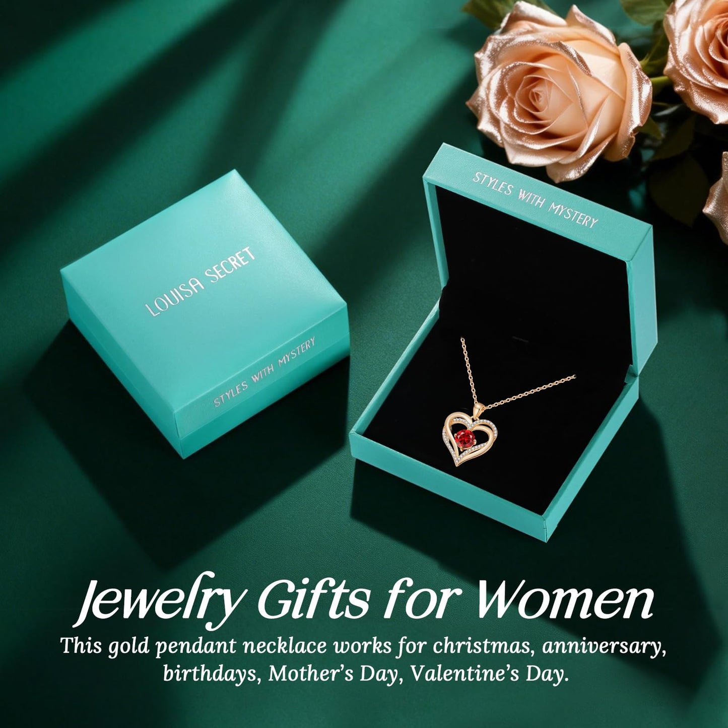 LOUISA SECRET Double Love Heart Birthstone Necklaces for Women, Birthday Gift for Girlfriend, Anniversary Jewelry Gift for Her, 925 Sterling Silver Jewelry Christmas Anniversary Birthday Present Gifts for Wife Girlfriend Mom Grandma Daughter