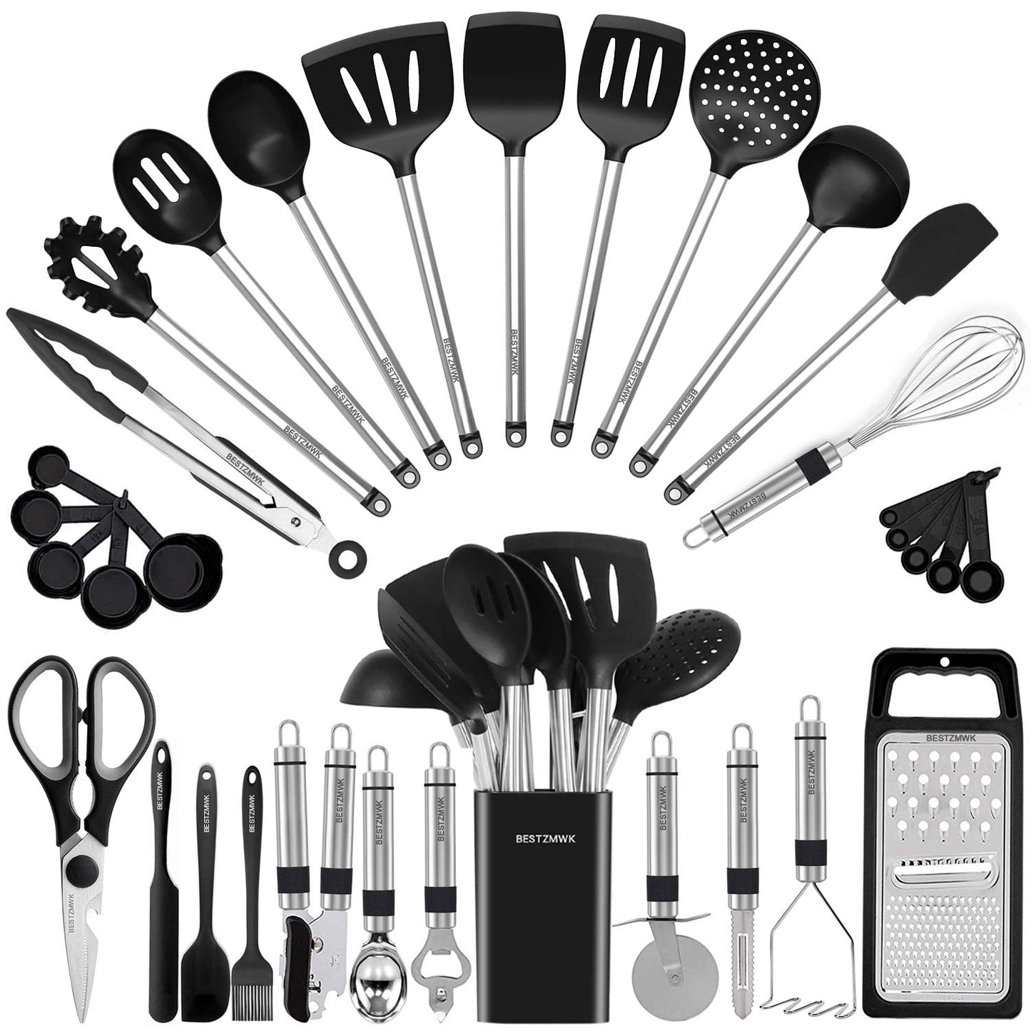 Kitchen Utensil Set-Silicone Cooking Utensils-33 Kitchen Gadgets & Spoons for Nonstick Cookware-Silicone and Stainless Steel Spatula Set-Best Kitchen Tools, Useful Pots