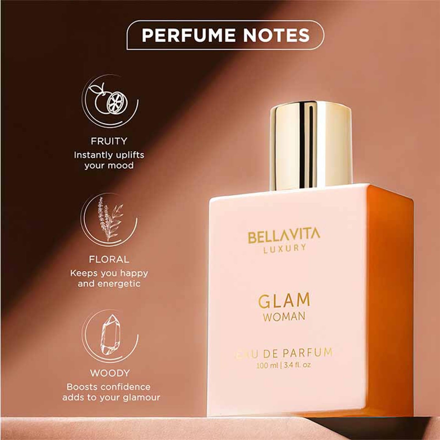 Bellavita Luxury Glam Eau de Parfum | 100 ml (3.4 fl.oz.) | Perfume for Women | White Floral, African Orange, Jasmine, and Patchouli Notes | Long Lasting Fragrance | Mother's Day present | for women