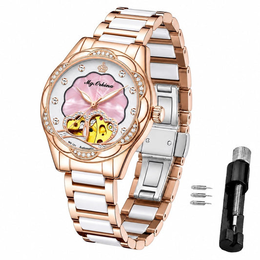 Vetra Women Watches Automatic Luxury Diamond Dress Ladies Watch Fashion Waterproof Ceramic Strap Rose Gold Self Winding Female Wrist Watch
