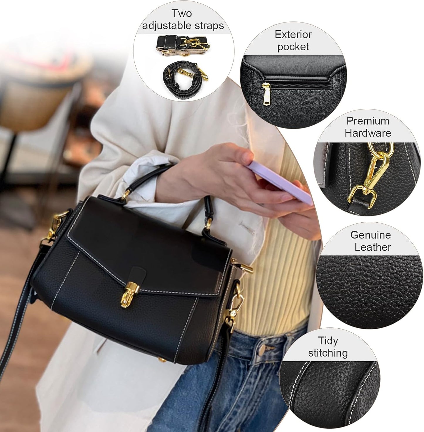 imeetu Crossbody Bags for Women, Leather Shoulder Bag, Purses and Handbags | Genuine Leather Womens Crossbody Purse, Structure Shoulder Purse with Top Handle & 2 Straps for 3 Styles, Travel, Daily, Gift