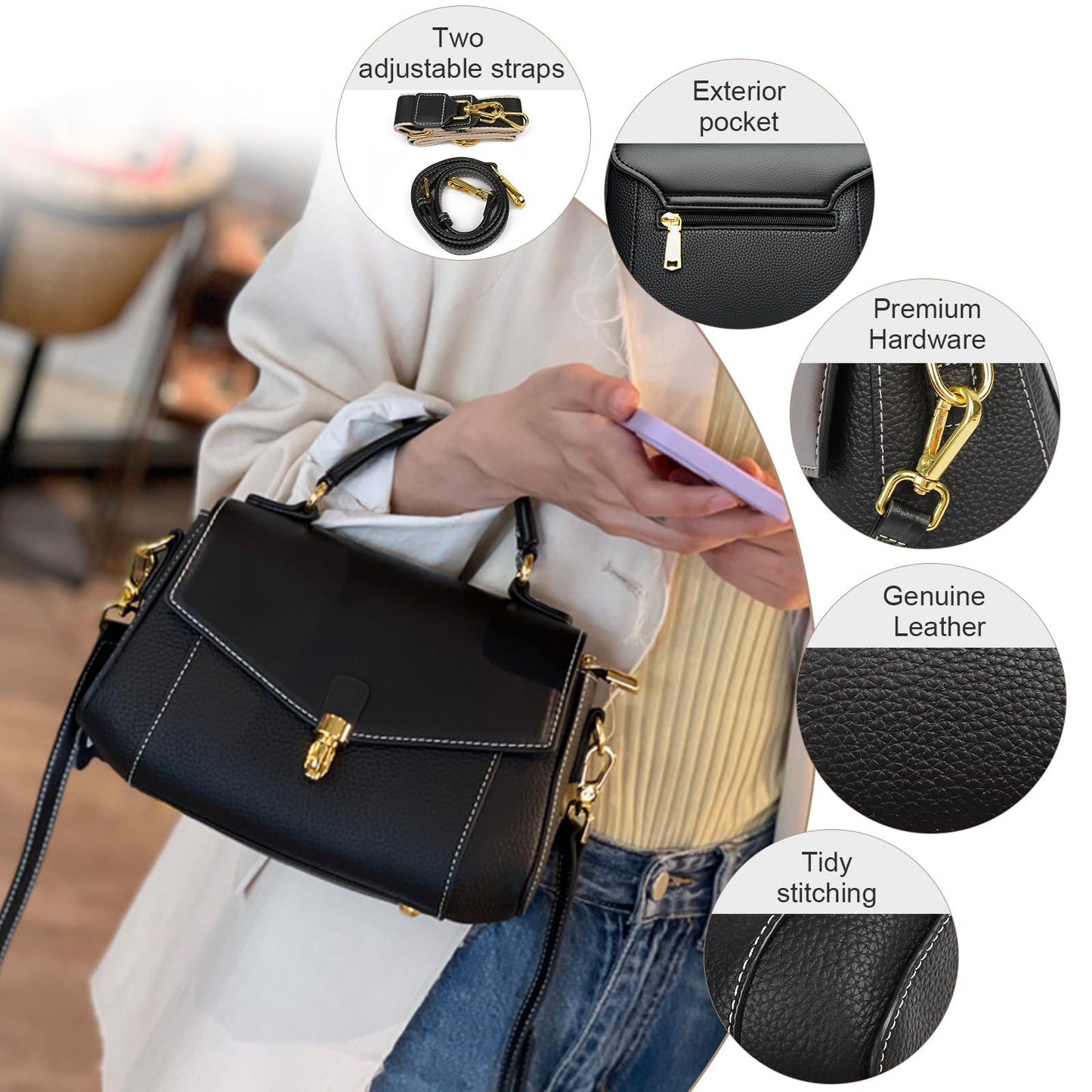 imeetu Crossbody Bags for Women, Leather Shoulder Bag, Purses and Handbags | Genuine Leather Womens Crossbody Purse, Structure Shoulder Purse with Top Handle & 2 Straps for 3 Styles, Travel, Daily, Gift