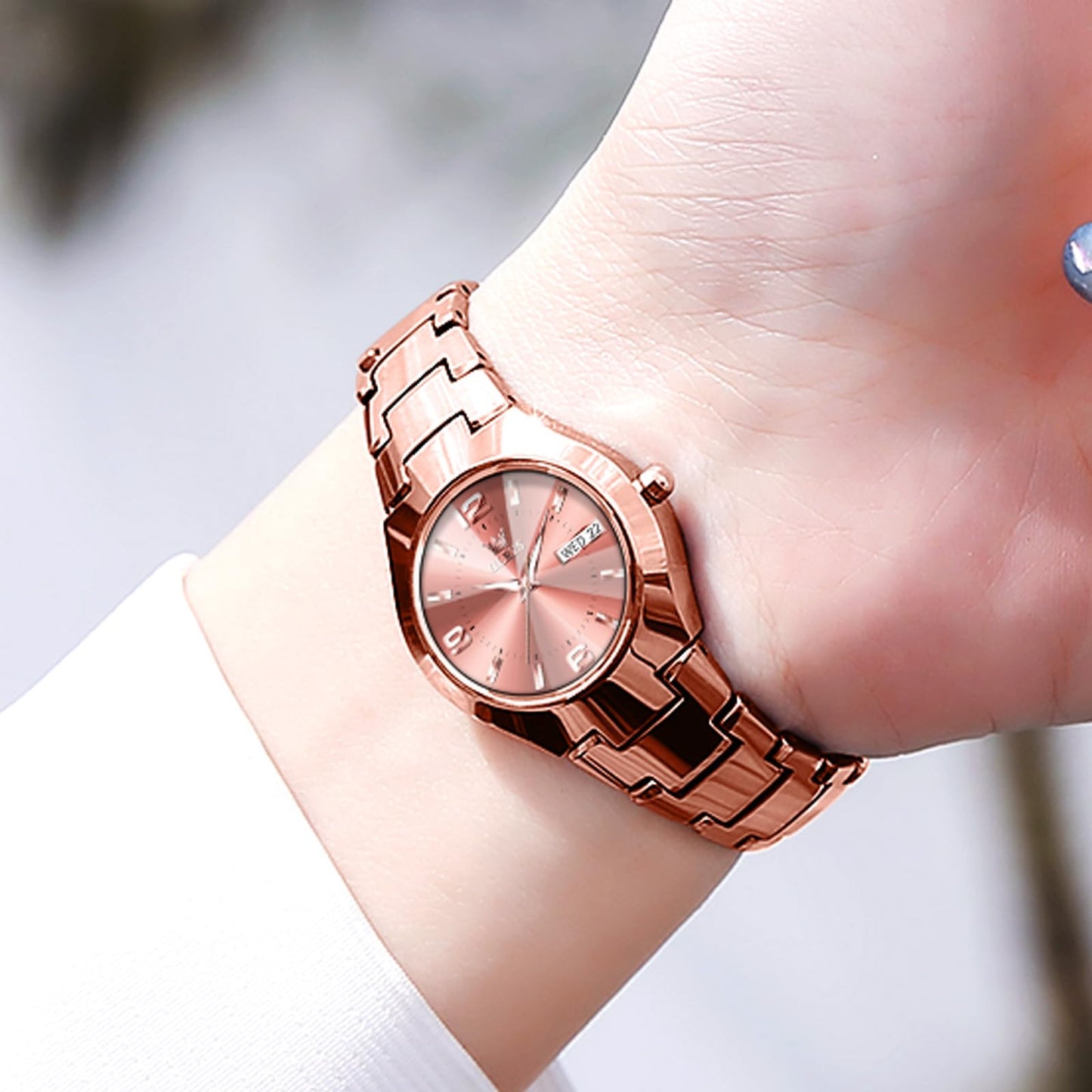 OLEVS Watch Women Luxury Classic Stainless Steel Small Wrist Dress Watches for Women Waterproof Analog Day Date Dainty Fashion Dress Female Watch-(Black/Rose Gold/Gold Face)