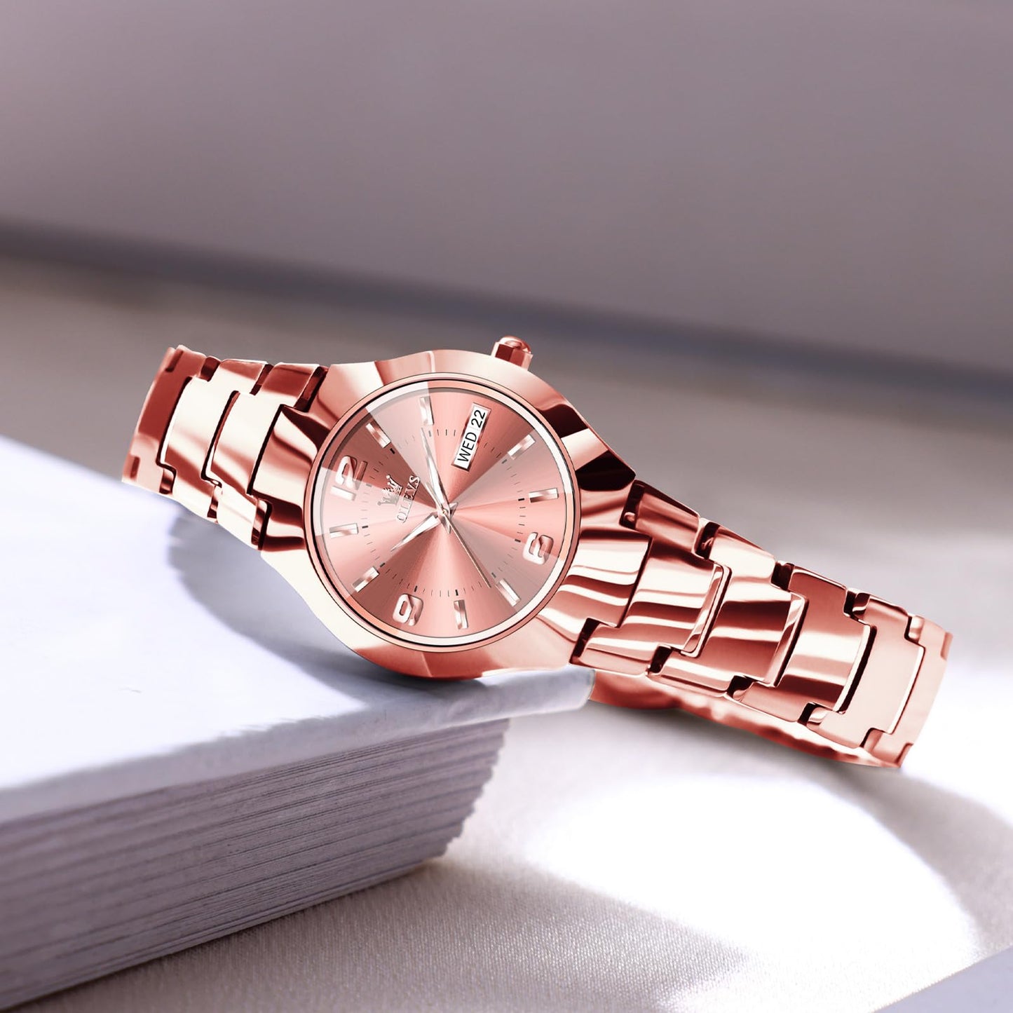 OLEVS Watch Women Luxury Classic Stainless Steel Small Wrist Dress Watches for Women Waterproof Analog Day Date Dainty Fashion Dress Female Watch-(Black/Rose Gold/Gold Face)