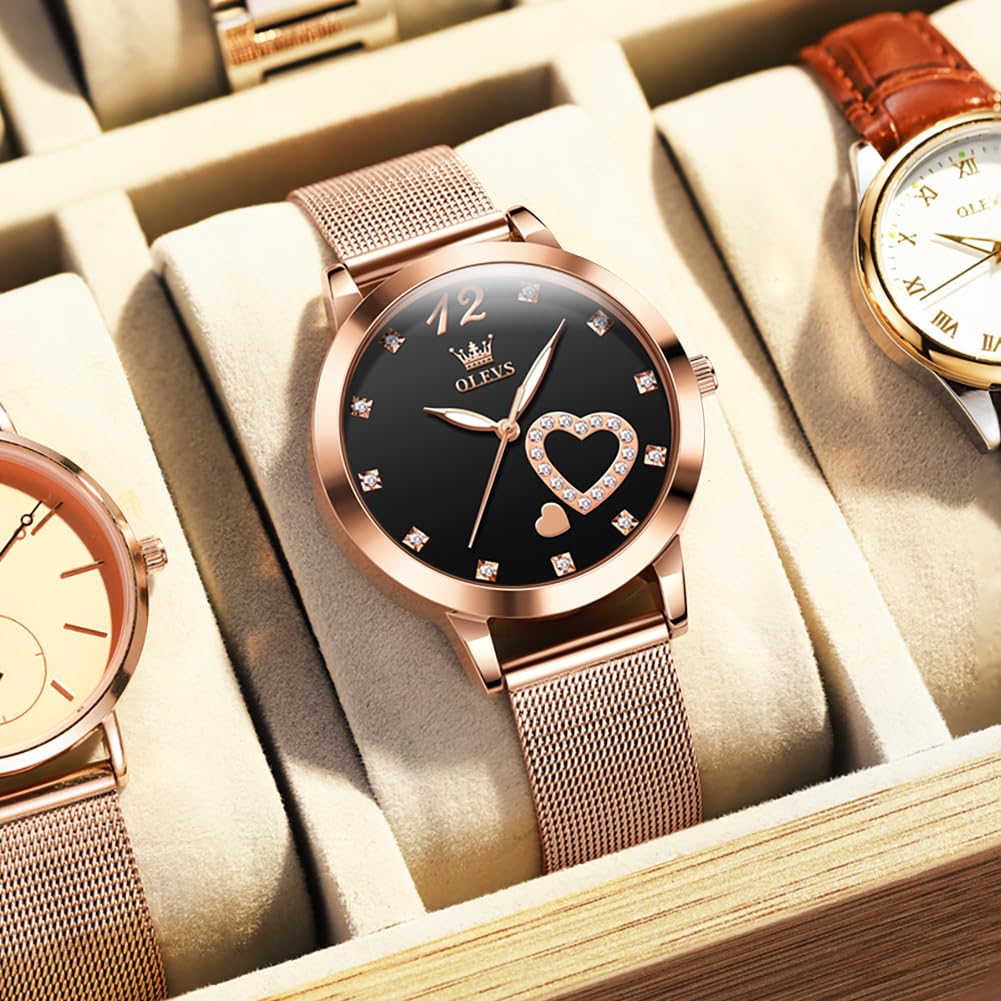 OLEVS Women's Watch Luxury Dress Rose Gold Women Slim Thin Lightweight Watch Stainless Steel Mesh Watches Fashion Waterproof Ladies Wrist Watch Black White Blue Face,Adjustable Bracelet