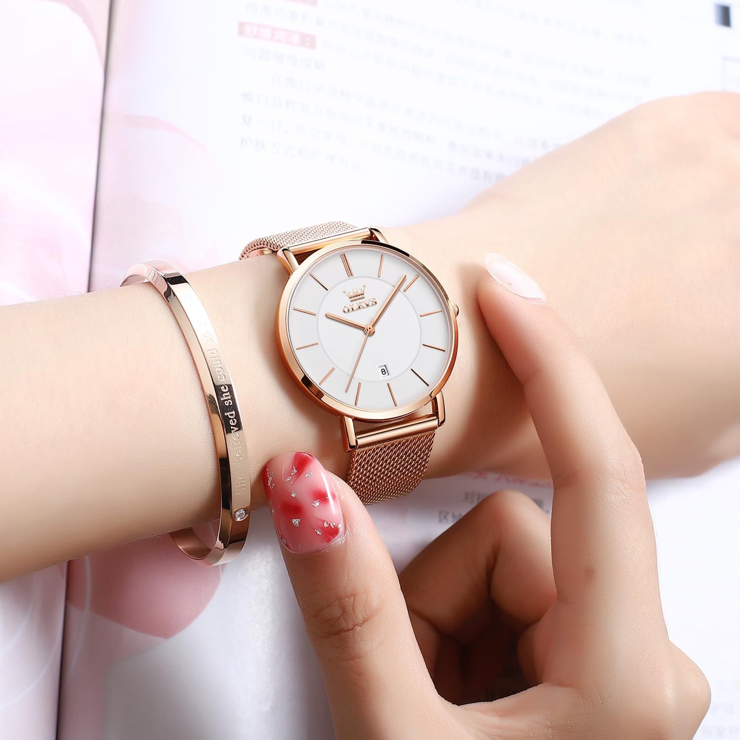 OLEVS Women's Watch Luxury Dress Rose Gold Women Slim Thin Lightweight Watch Stainless Steel Mesh Watches Fashion Waterproof Ladies Wrist Watch Black White Blue Face,Adjustable Bracelet