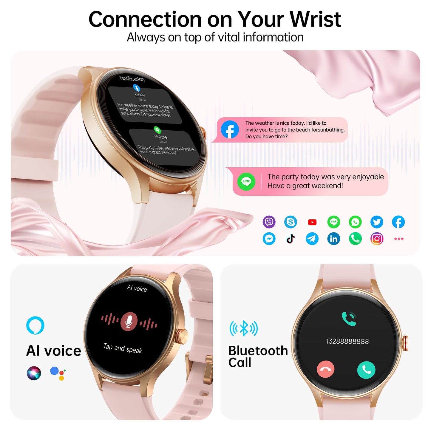 Woneligo Smart Watch for Women,1.57inch AMOLED Touchscreen Fitness Watch for iPhone & Android,Heart Rate/Sp02/Sleep Monitor,110+ Sport Modes IP68 Waterproof Bluetooth Calls,2 Bands (Pink, 1.57)