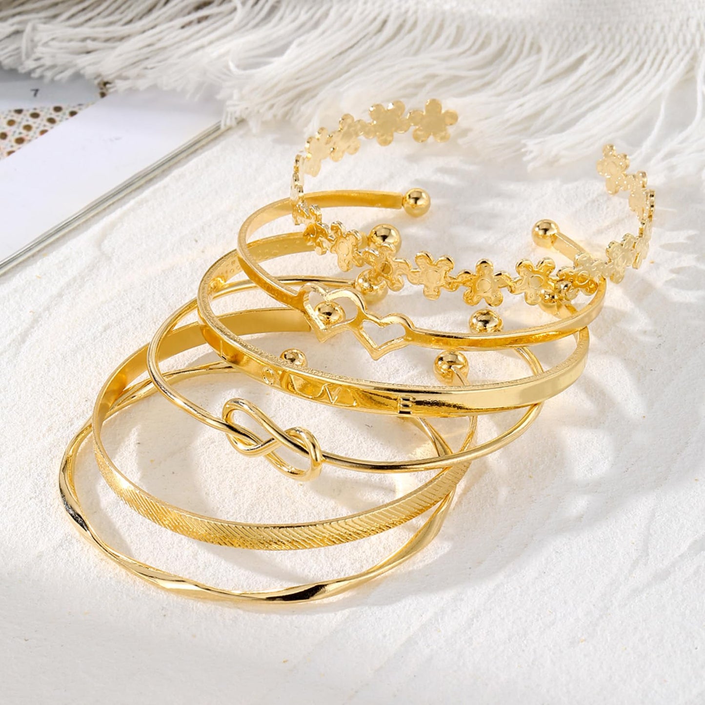 IFKM Gold Bangle Bracelets For Women, 14k Gold Plated Multi Layer Stackable Cuff Bracelet Set, Trendy Elegance Charms Non Tarnish Minimalist Textured Boho Jewelry Gift for Women