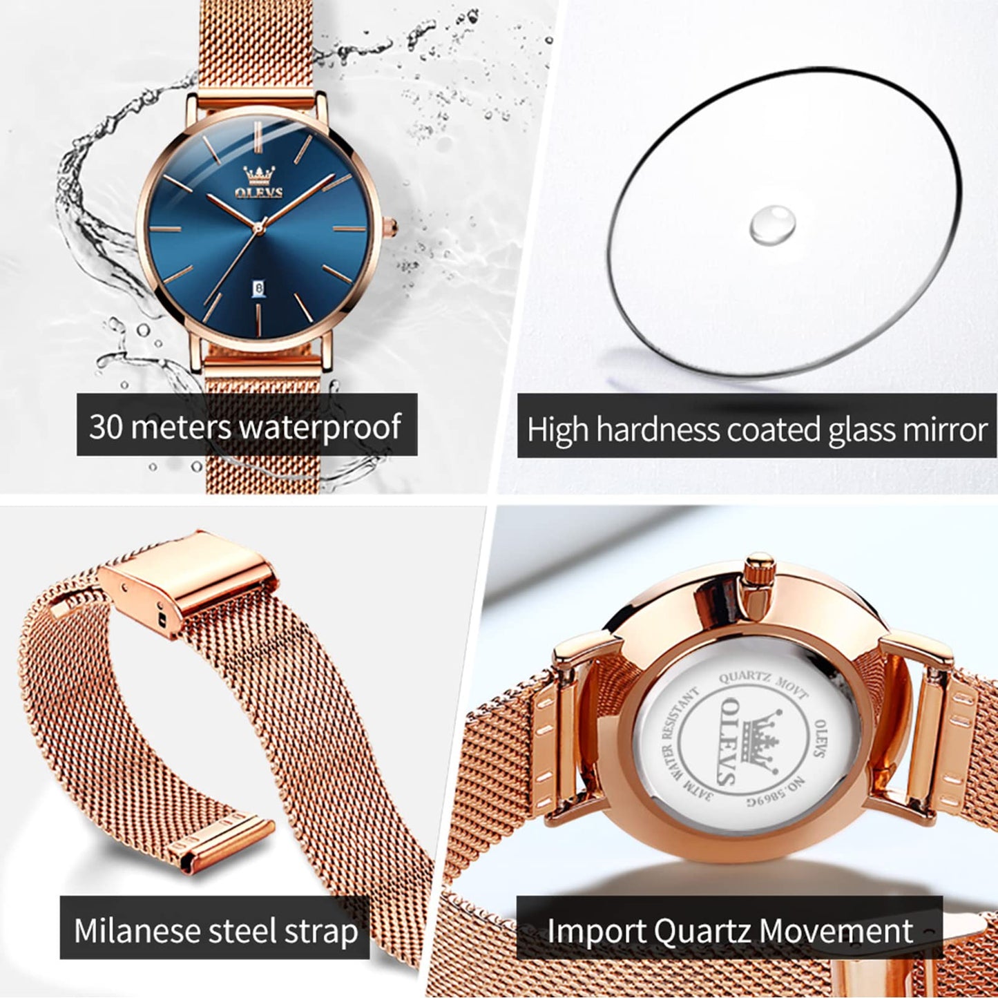 OLEVS Women's Mesh Bracelet Watch, Elegant Large Face Three Hand Analog Quartz Womens Wristwatch, Pretty Slim Date Display Waterproof Ladies Watches for Small Wrists