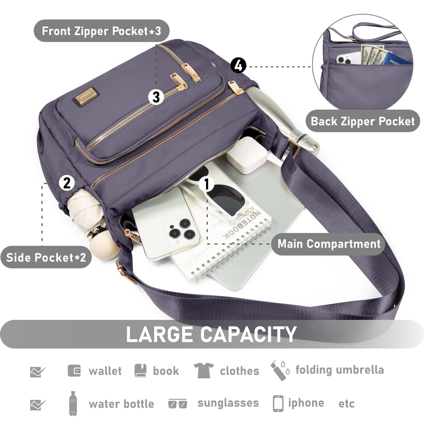 NPBAG Crossbody Bag for Women, Shoulder Purse Handbag Messenger Bag, Trendy Pocketbooks, Waterproof and Multi-Pockets
