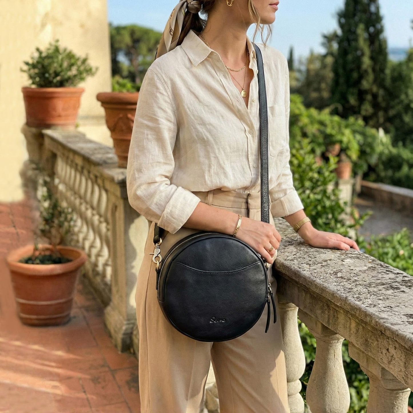 S-ZONE Leather Crossbody Bags for Women Circle Shoulder Round Purse Travel | Top Grain Leather, Keychain, Designer Handbag, Vintage, Multi Pockets, Detachable Strap, Eveyday Outing