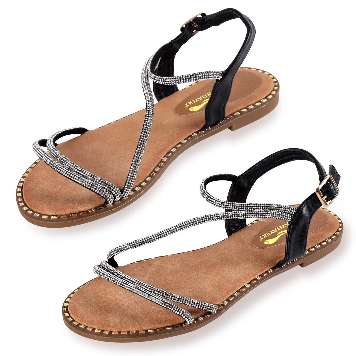 Women's Sparkle Rhinestone Flat Sandals with Back Elastic Ankle Strap, Comfortable Memory Foam Slip On Open Toe Shoes for Dressy or Everyday Summer Wear, Glitter Bling and for Work, Beach, Strappy Wedding Sandals Gold Size 10Women's Sparkle Rhinestone Fla