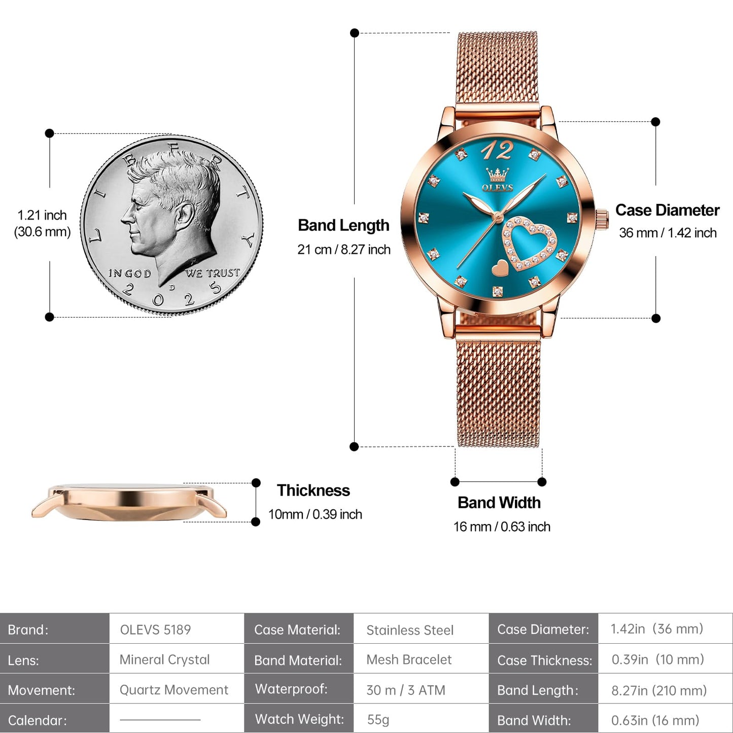 OLEVS Women's Small Wrist Rose Gold Tone Watch - Cute Diamond Heart Arabic Numerals Dial, Fashion Waterproof Mesh Bracelet Analog Dress for Ladies