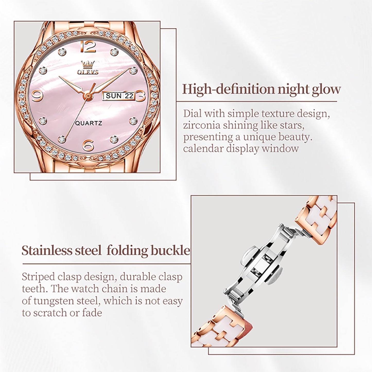 OLEVS Women's Watch Ceramic Band Waterproof Dress Watch Analog Quartz Watches Elegant Luxury Comfortable Wrist Watches with Date Day & Diamond White/Pink/Black Dial Gift for Her Reloj para Mujer