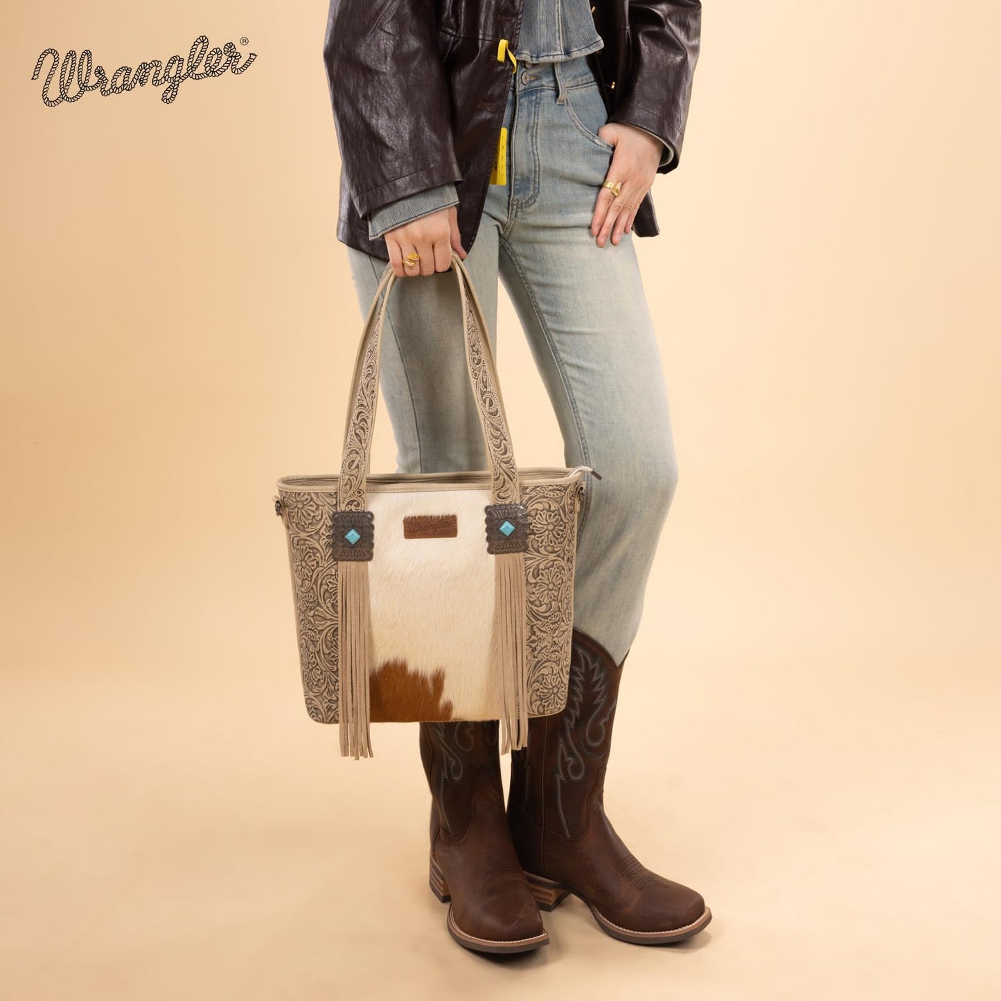 Montana West Wrangler Cowhide Tote Bag for Women Western Tooling Handbag Leather Fringing with Turquoise Stone Concho