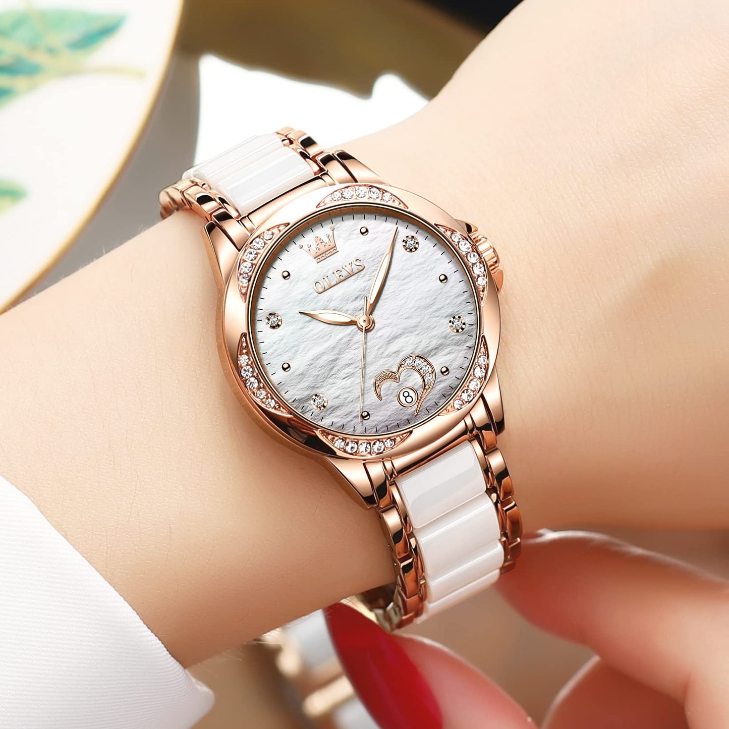 OLEVS Womens Automatic Watch, Premium Large Face Diamond Accented Self Winding Watches for Women, Fashion Waterproof Ladies Dress Watch, Two Tone Stainless Steel Ceramic Bracelet