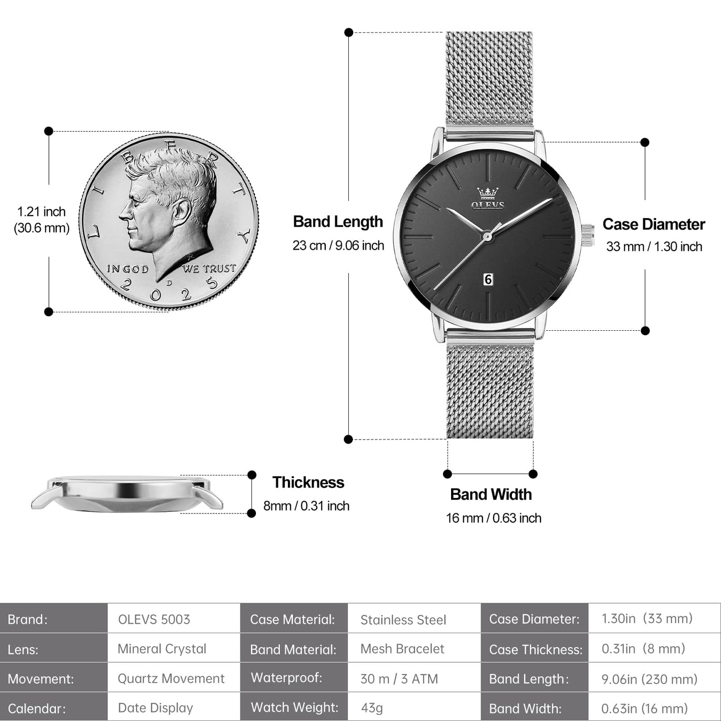 OLEVS Women's Mesh Bracelet Watch, Elegant Large Face Three Hand Analog Quartz Womens Wristwatch, Pretty Slim Date Display Waterproof Ladies Watches for Small Wrists