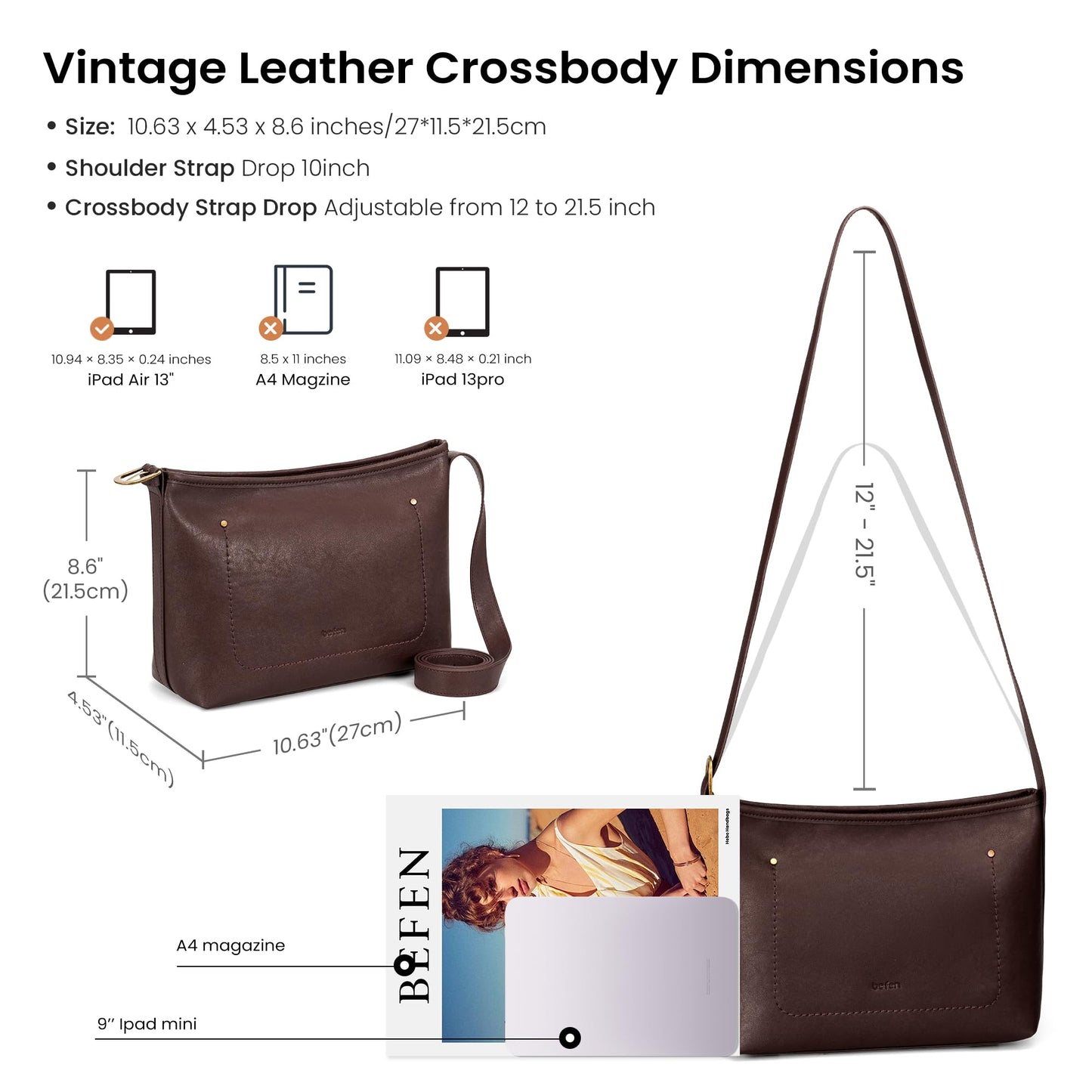 befen Genuine Leather Purses for Women, RFID Medium Leather Crossbody Bags Shoulder Purse Handbags
