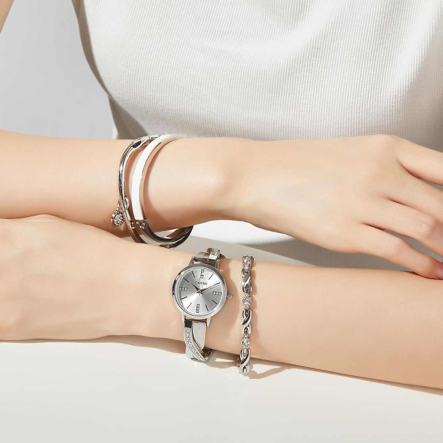 TIME100 Women's Bangle Watch and Gold Watch Chain Bracelets Premium Crystal Accented Bracelet Set W50888L