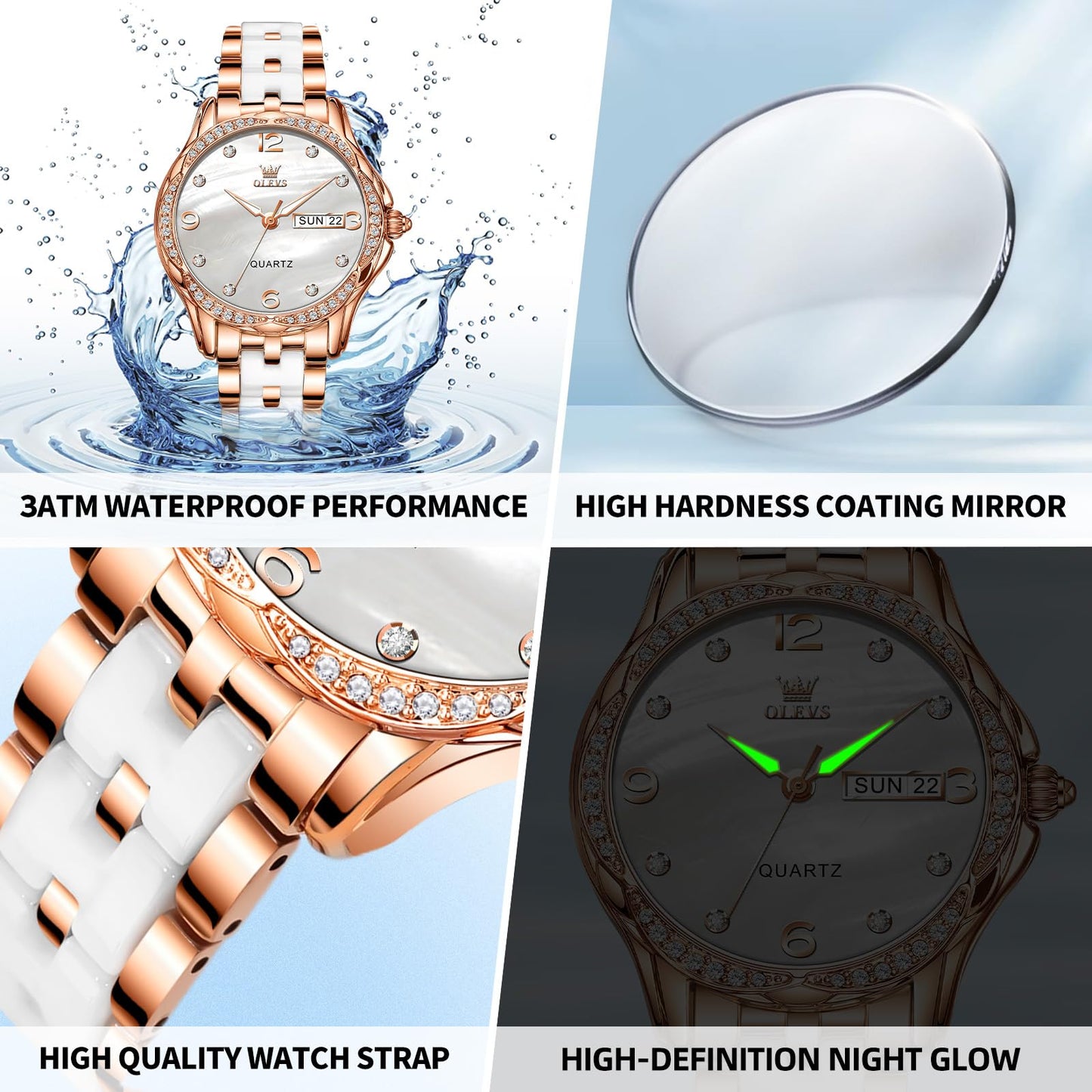 OLEVS Women's Watch Ceramic Band Waterproof Dress Watch Analog Quartz Watches Elegant Luxury Comfortable Wrist Watches with Date Day & Diamond White/Pink/Black Dial Gift for Her Reloj para Mujer