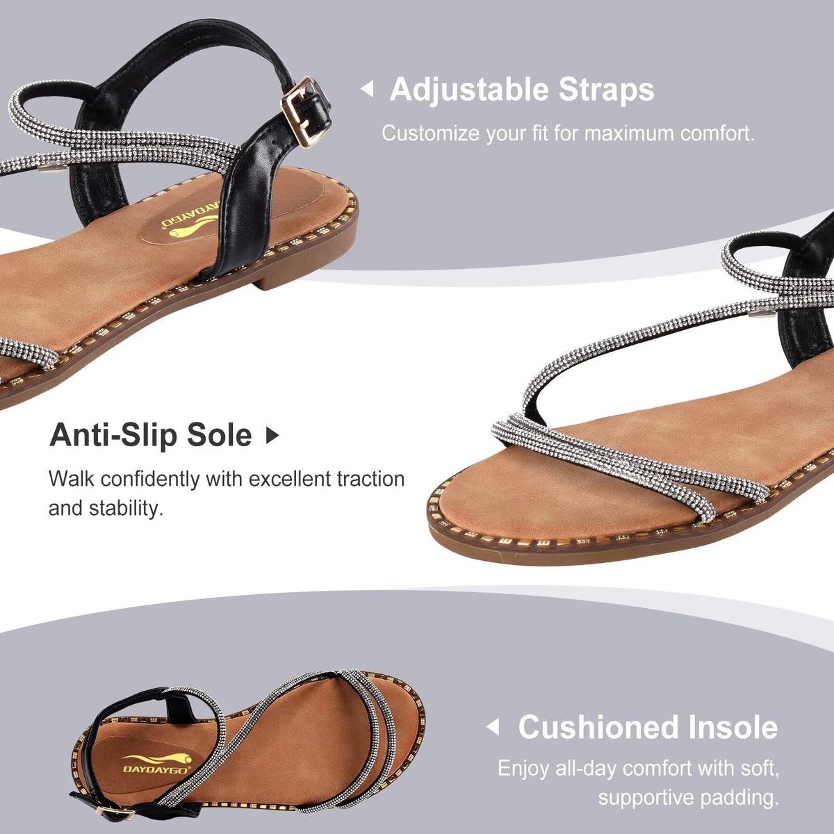 Women's Sparkle Rhinestone Flat Sandals with Back Elastic Ankle Strap, Comfortable Memory Foam Slip On Open Toe Shoes for Dressy or Everyday Summer Wear, Glitter Bling and for Work, Beach, Strappy Wedding Sandals Gold Size 10Women's Sparkle Rhinestone Fla