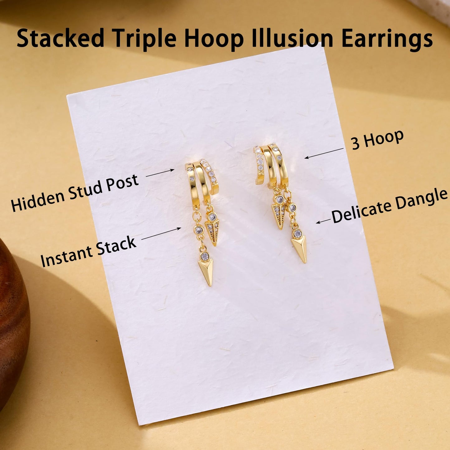 Gold Dangle Earrings for Women, 14k Gold Plated Stacked Triple Hoop Illusion Earrings Cubic Zirconia Huggie Earrings for Women Trendy