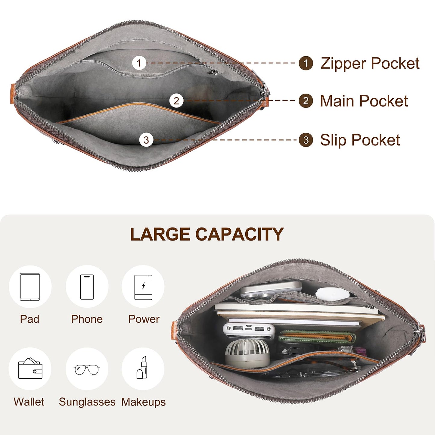 COOLCY Genuine Leather Crossbody Bags for Women Purses and Handbags for Ladies with Multiple Pockets Shoulder Satchel Bag