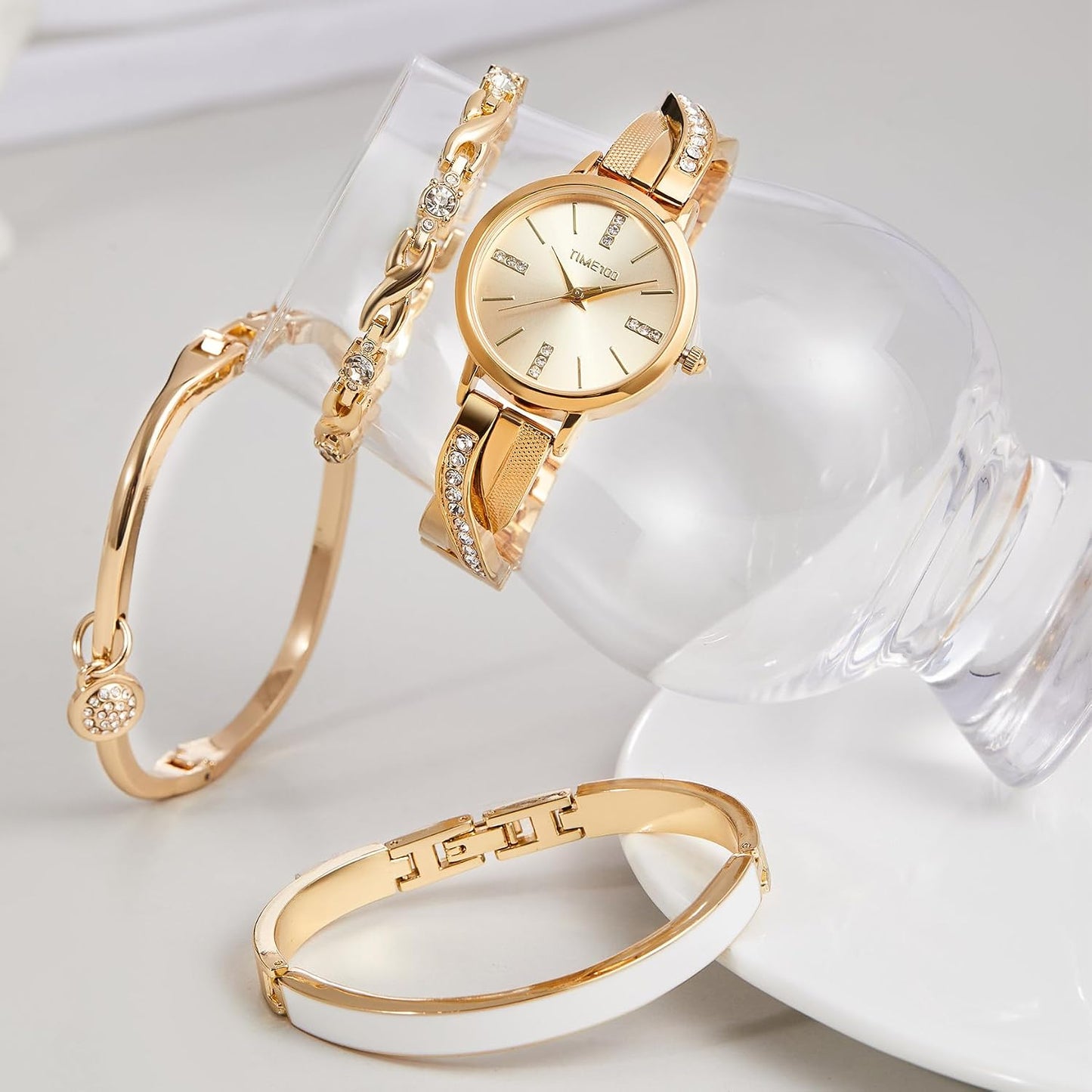 TIME100 Women's Bangle Watch and Gold Watch Chain Bracelets Premium Crystal Accented Bracelet Set W50888L
