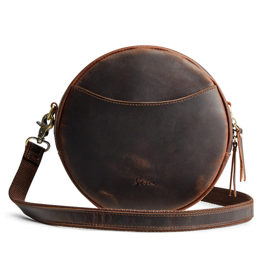 S-ZONE Leather Crossbody Bags for Women Circle Shoulder Round Purse Travel | Top Grain Leather, Keychain, Designer Handbag, Vintage, Multi Pockets, Detachable Strap, Eveyday Outing