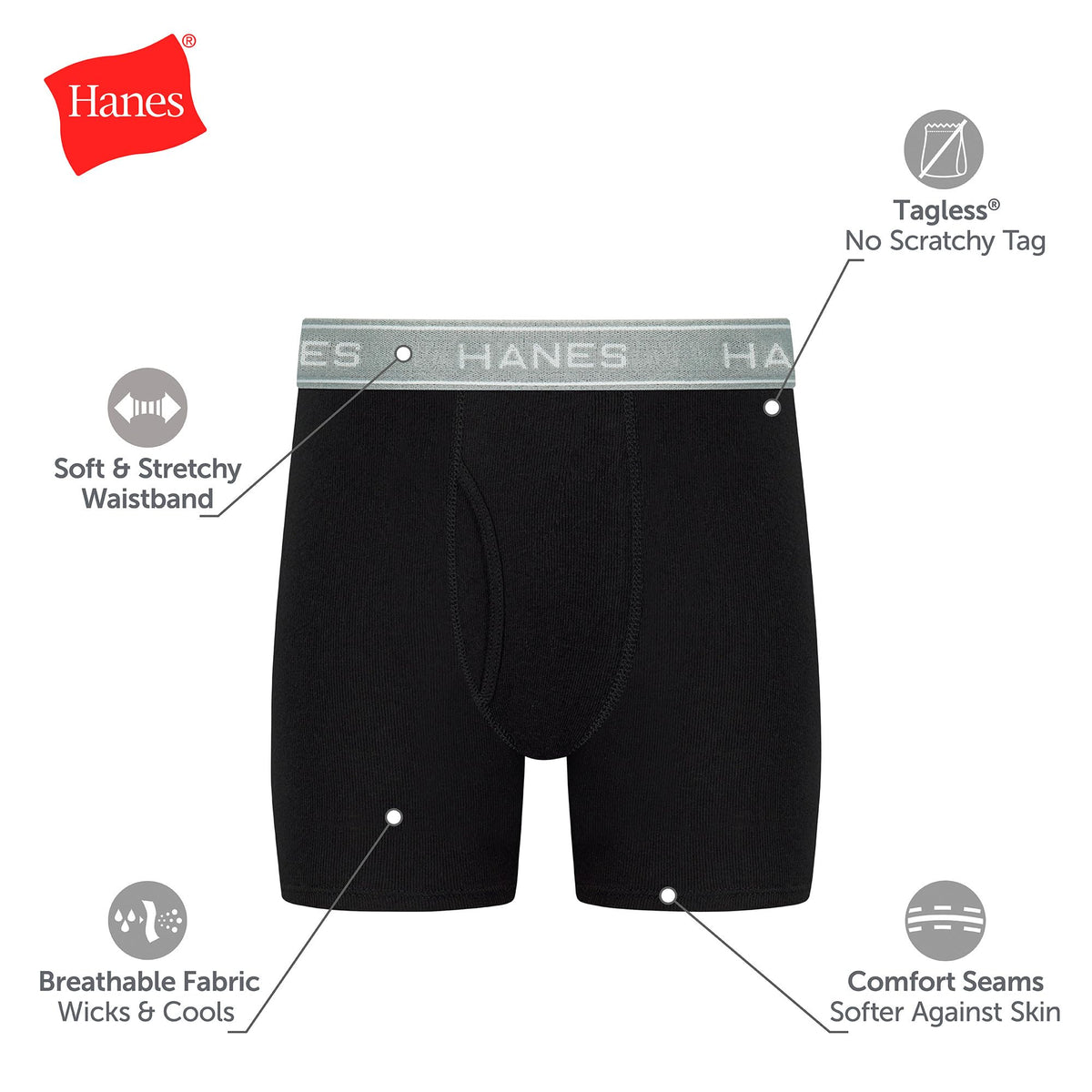 Hanes® Boys' Tagless® Boxer Briefs, 10-Pack Value Pack Black/Grey/Blue/Red Small