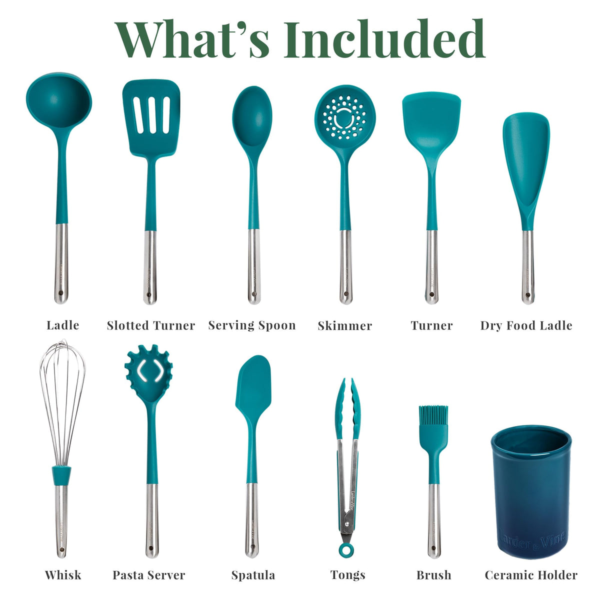 12pc Silicone Kitchen Utensils with Stainless Steel handles and Ceramic holder