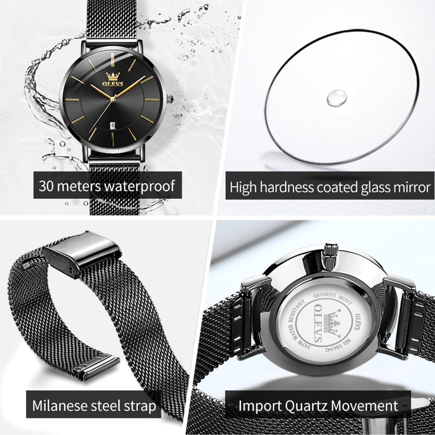 OLEVS Women's Mesh Bracelet Watch, Elegant Large Face Three Hand Analog Quartz Womens Wristwatch, Pretty Slim Date Display Waterproof Ladies Watches for Small Wrists
