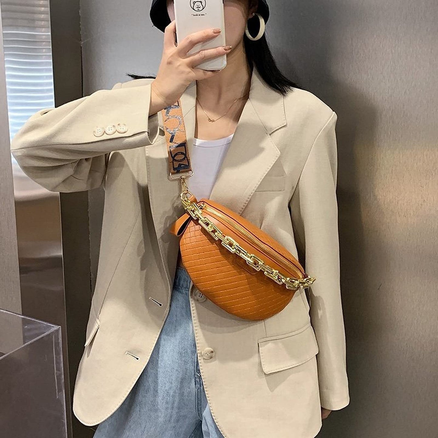 Thick Chain Women's Fanny Pack Plaid leather Waist Bag Shoulder Crossbody Chest Bags Luxury Designer Handbags Female Belt Bag