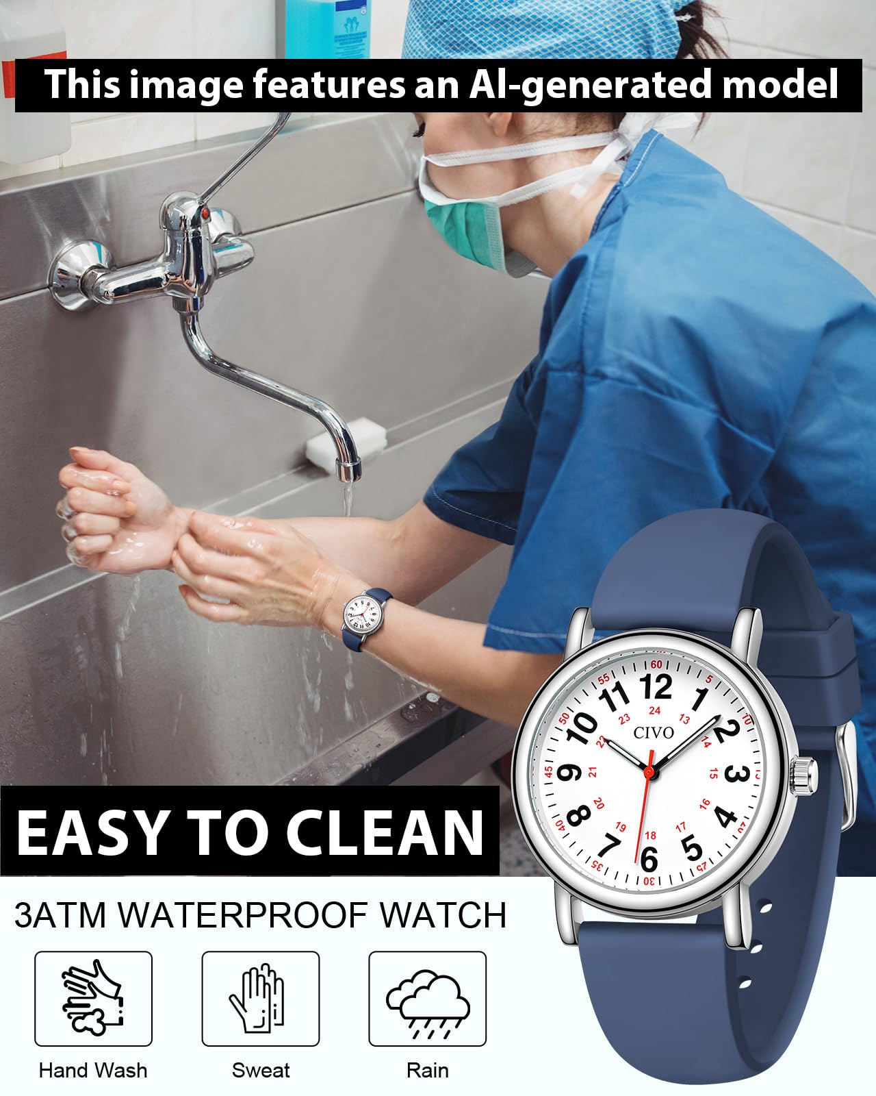 CIVO Nurse Watches for Women Men: Analog Waterproof Watch with Easy Read Dial Second Hand - Gifts for Nurses Medical Student Doctors