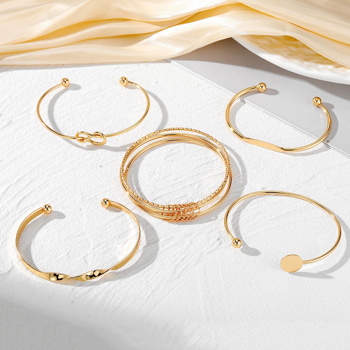 IFKM Gold Bangle Bracelets For Women, 14k Gold Plated Multi Layer Stackable Cuff Bracelet Set, Trendy Elegance Charms Non Tarnish Minimalist Textured Boho Jewelry Gift for Women