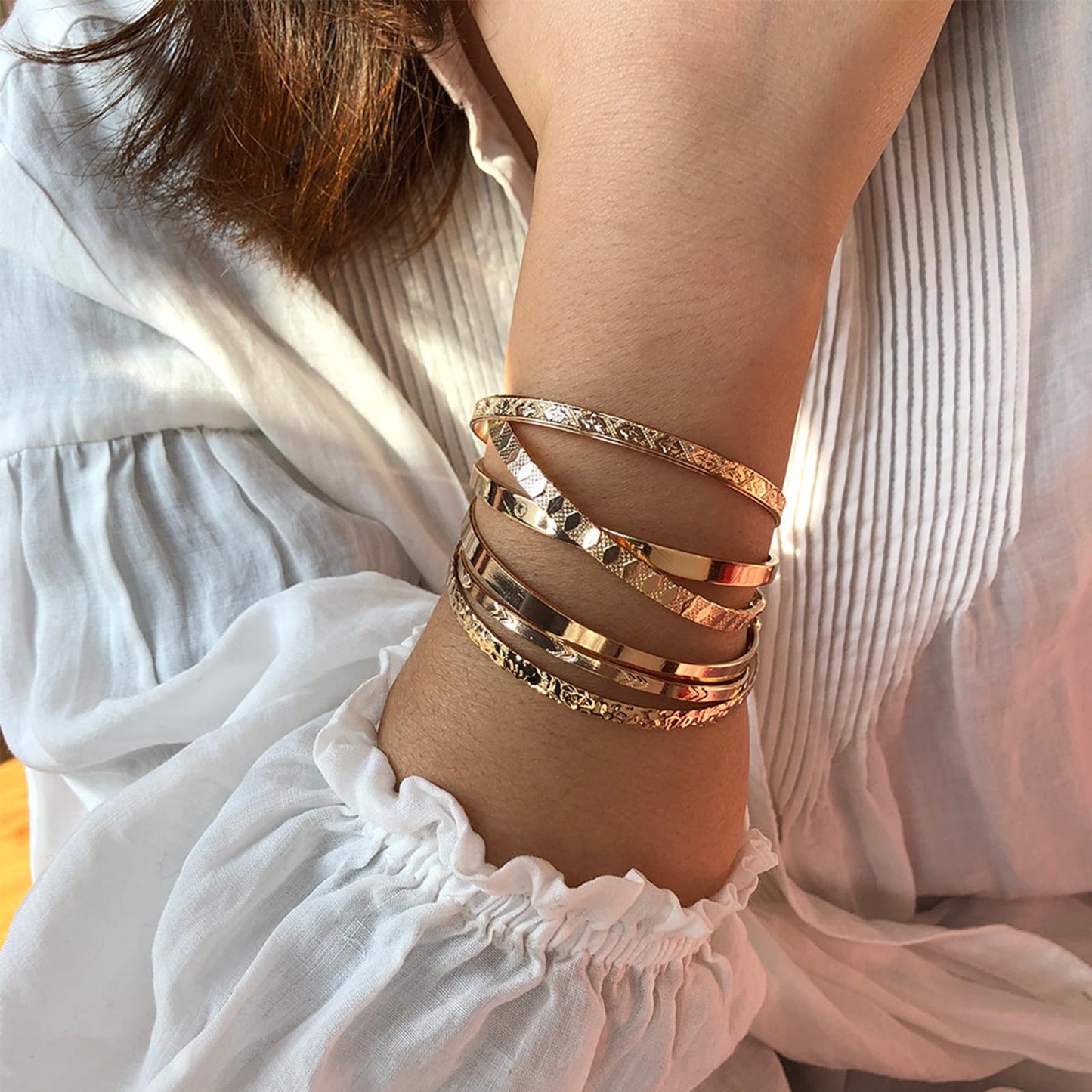IFKM Gold Bangle Bracelets For Women, 14k Gold Plated Multi Layer Stackable Cuff Bracelet Set, Trendy Elegance Charms Non Tarnish Minimalist Textured Boho Jewelry Gift for Women