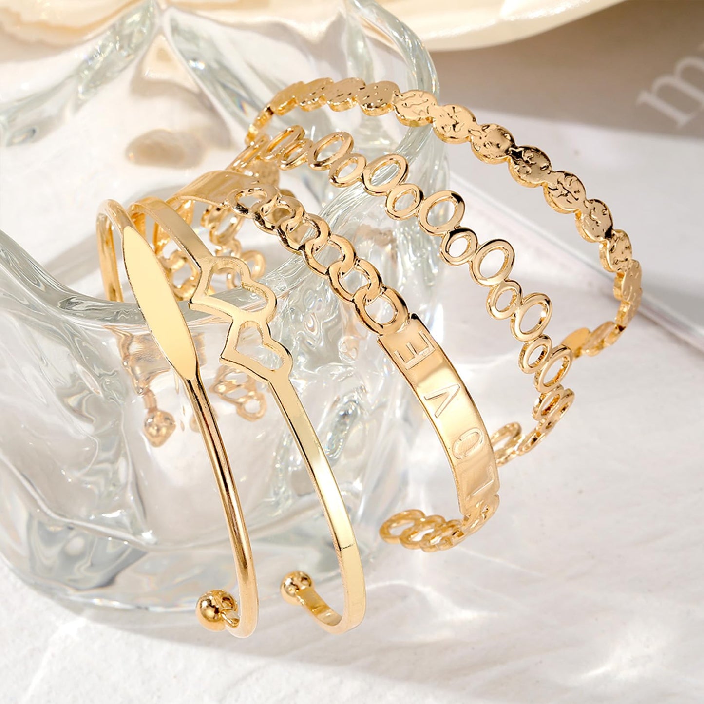 IFKM Gold Bangle Bracelets For Women, 14k Gold Plated Multi Layer Stackable Cuff Bracelet Set, Trendy Elegance Charms Non Tarnish Minimalist Textured Boho Jewelry Gift for Women