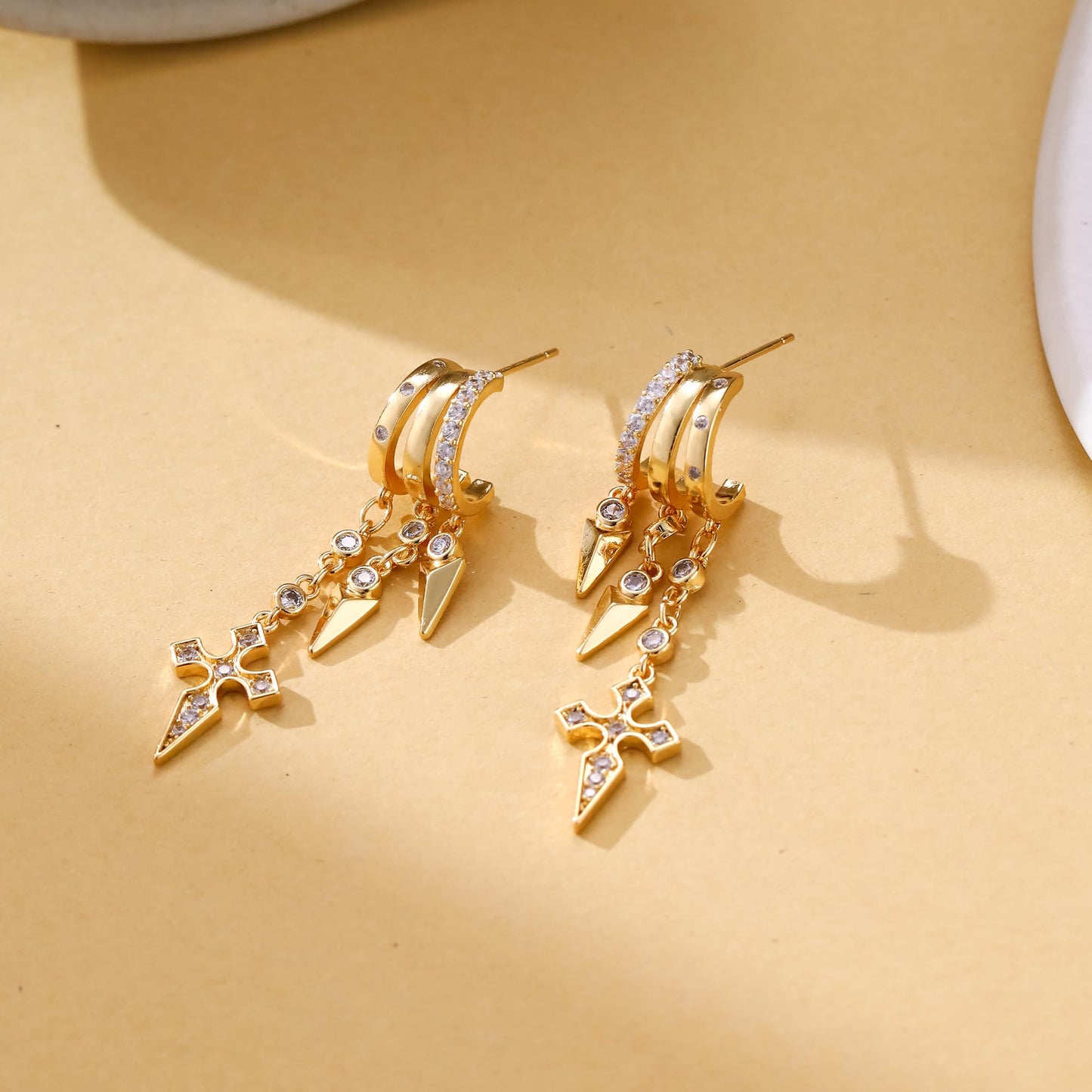 Gold Dangle Earrings for Women, 14k Gold Plated Stacked Triple Hoop Illusion Earrings Cubic Zirconia Huggie Earrings for Women Trendy