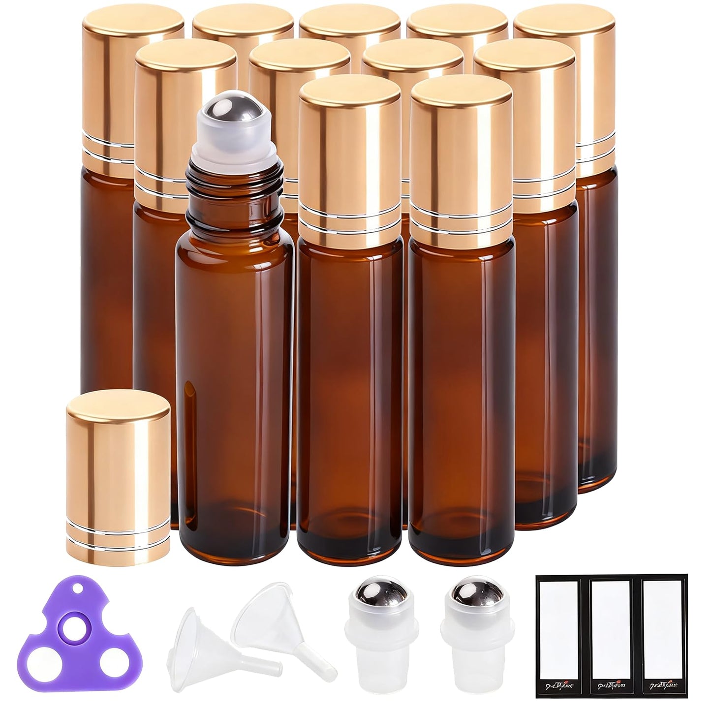 PrettyCare 4 Pack Amber Glass Oil Roller Bottles for Essential Oils 10ml, Roll On Bottles with Stainless Steel Roller Ball Leak-Proof Perfume Travel Refillable Bottle Empty, Beauty & Personal Care